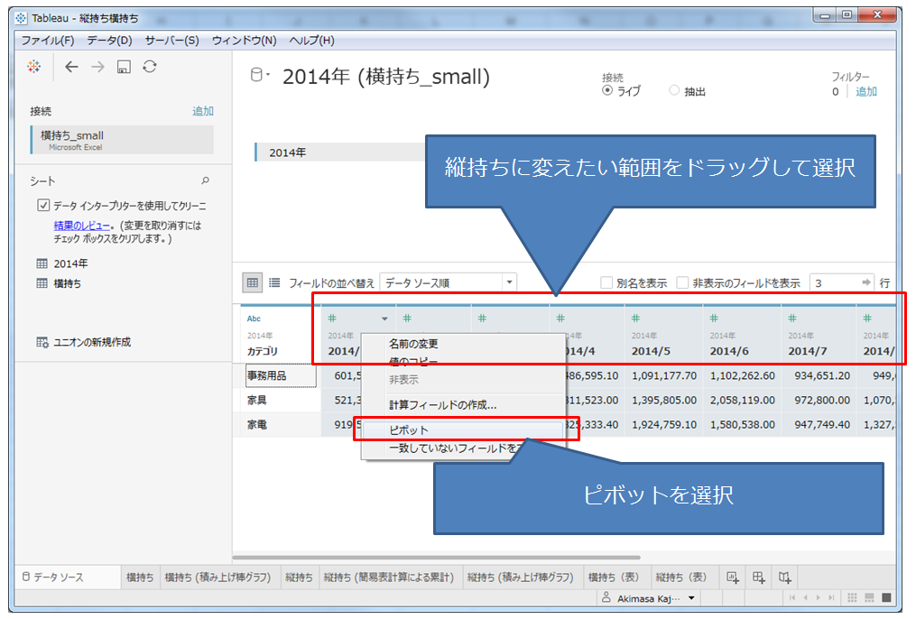 ピボット機能の適用