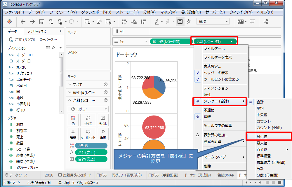 右側のグラフの集計方法を変更